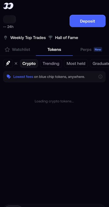 A cryptocurrency exchange mobile app interface shows a loading state with "Loading crypto tokens..." displayed under the "Tokens" tab, with options for Crypto, Trending, Most held, and Graduate visible. The image does not relate to the post about empty blockchain addresses.