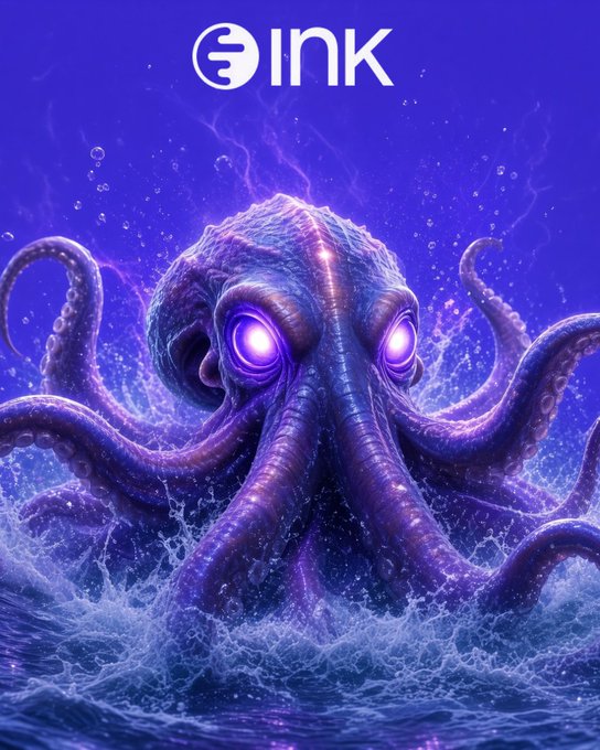 A vibrant purple and blue digital artwork of a large octopus emerging from churning water with glowing purple eyes, featuring the 'INK' logo at the top.