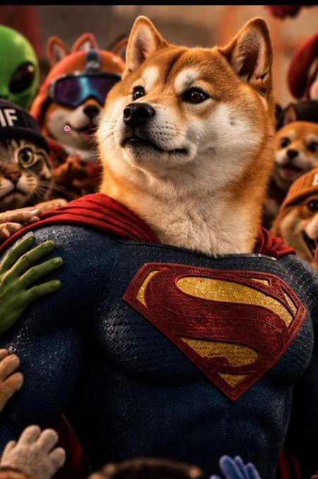 A digital illustration of a Shiba Inu dog dressed as Superman in a blue suit with a red cape, surrounded by various other costumed animals.