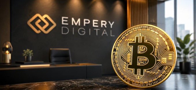 A corporate office backdrop featuring the "EMPERY DIGITAL" logo alongside a large golden Bitcoin coin in the foreground visually reinforces the post's announcement that Empery Digital has sold 1,400 BTC ($87,100,000) to fund a new AI data center and reduce company debt. The juxtaposition of the corporate branding and the prominent Bitcoin symbolizes the company's strategic pivot from crypto holdings to AI infrastructure investment.