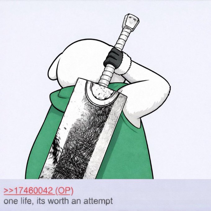 A cartoon illustration of a white dog-headed figure in a green cloak impaling itself with a large sword; text below reads '>>17460042 (OP)' and 'one life, its worth an attempt'.