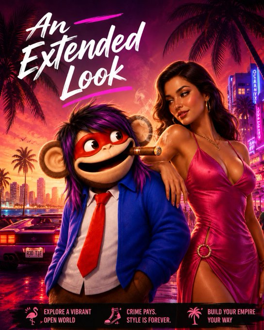 A video game promotional poster titled 'An Extended Look' features a purple-haired monkey character in a red mask next to a glamorous woman in a pink dress, with text promoting an open world, crime pays lifestyle, and building an empire.