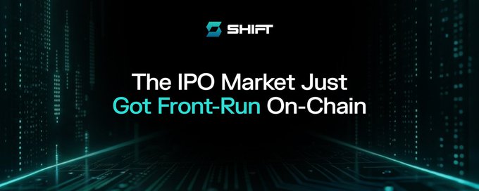 The image features a banner with a black background, white text, and blue lines that reads "The IPO Market Just Got Front-Run On-chain". The caption below the image states "Massive milestone for Shift! tokenized stocks + Circle Alliance is a game changer for real-world access!".