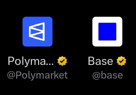 The image features a black background with two squares, each displaying different logos - one square has a blue triangle logo, while the other has a white square logo. The text "base" is written below both squares, indicating that they are related to a project or business. The image also includes a social media post from Polymarket and a base account on Twitter.
