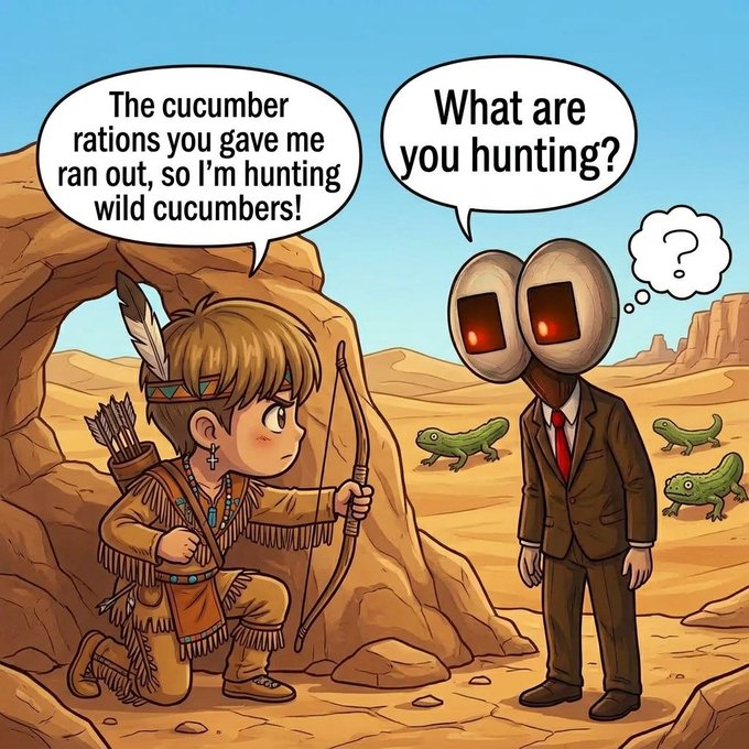 A cartoon illustration shows an indigenous archer with a feather headband telling a suited figure with a large robotic head, "The cucumber rations you gave me ran out, so I'm hunting wild cucumbers," while the suited figure responds with a confused thought bubble asking, "What are you hunting?" amid a desert landscape with lizard creatures.
