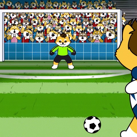 urn of gold and blue flowers, with a cat wearing green and red striped socks standing on the field, as a crowd of cats watches from behind goalpost.
