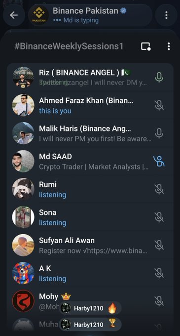 A screenshot of a Telegram group chat named 'BinanceWeeklySessions1' showing a list of members including Riz (Binance Angel), Malik Haris, and others, many marked as 'listening'.