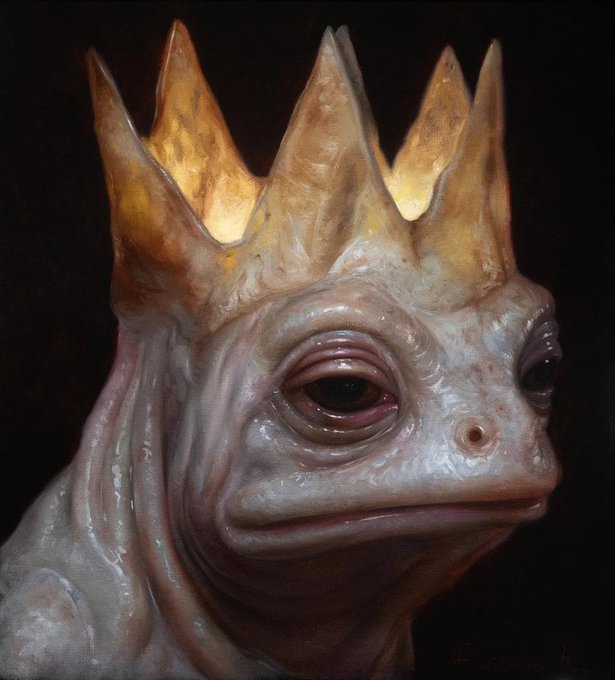 A detailed digital painting of a frog-like creature wearing a golden crown on its head, with expressive eyes and translucent, glistening skin against a dark background.