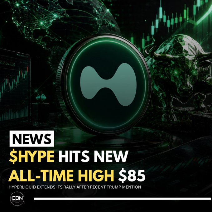 A graphic from CDN featuring the Hyperliquid (HYPE) token logo alongside a crystal bull and trading charts, with bold text announcing "$HYPE HITS NEW ALL-TIME HIGH $85" and noting the rally is following Trump's recent mention of Hyperliquid. The bullish imagery and headline directly reinforce the post's message about HYPE reaching a record ~$85.50 and surging nearly 6% in a single day.