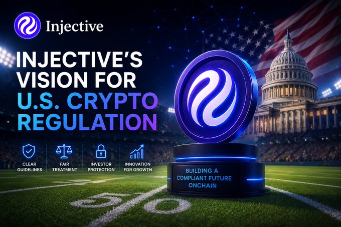 The image is a promotional graphic titled "Injective's Vision for U.S. Crypto Regulation," featuring Injective's logo above a large 3D coin, with the U.S. Capitol building and an American flag in the background. It highlights four key principles—"Clear Guidelines," "Fair Treatment," "Investor Protection," and "Innovation for Growth"—along with the tagline "Building a Compliant Future Onchain," visually reinforcing the post's message about Injective's proactive engagement with the SEC to advocate for balanced crypto regulation.