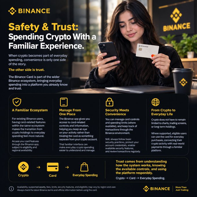 A Binance promotional graphic titled "Safety & Trust: Spending Crypto With a Familiar Experience" shows a woman holding a phone and a Binance Card, with four key features—Familiar Ecosystem, Manage From One Place, Security Meets Convenience, and From Crypto to Everyday Life—above a Crypto → Card → Everyday Spending flow, highlighting the trust aspect of spending crypto noted in the post.