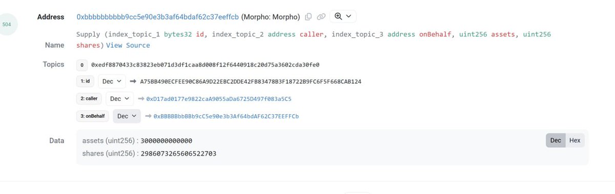 A screenshot of a webpage showing an incorrect transaction of $3m USDC being sent to an APYX affiliated wallet labeled " Morpho Blue address itself as the onBehalfOf parameter".