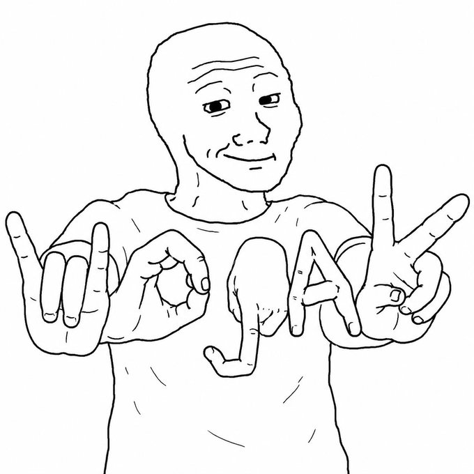 A black and white line drawing of a smiling bald man making hand gestures that spell out 'WOJAK'.