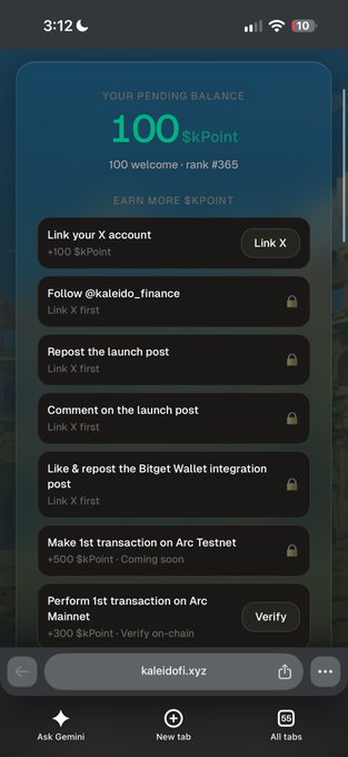 A mobile screenshot shows the Kaleido Finance points dashboard displaying a pending balance of 100 $kPoint (rank #365) with tasks to earn more points, including linking an X account (+100), following @kaleido_finance, reposting and commenting on the launch post, liking the Bitget Wallet integration post, making a 1st transaction on Arc Testnet (+500), and performing a 1st transaction on Arc Mainnet (+300). The image visually supports the post's claim about Kaleido's point system and airdrop opportunities on the newly launched Arc chain mainnet.