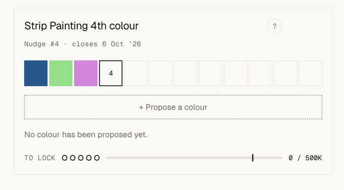A screenshot of a 'Strip Painting 4th colour' proposal interface showing three existing colors (dark blue, green, magenta) with a fourth color slot to be locked, requiring 500K tokens.