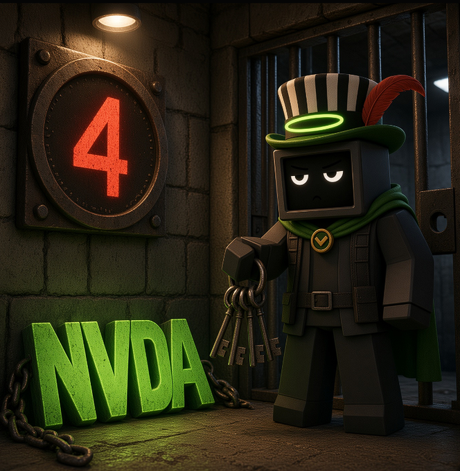 A black blocky robot character wearing a top hat with a red feather and green scarf stands in a dungeon holding keys beside glowing green "NVDA" lettering and a circular sign displaying a red "4." The image illustrates the post's voting mechanic update, where NVDA (the previous winning machine) is now barred from winning for the next 4 epochs while the current epoch's winner receives doubled voting power.