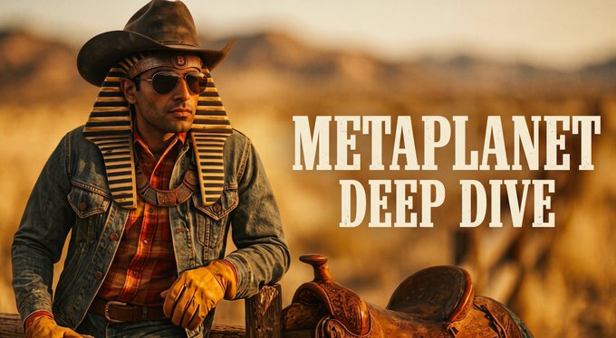 A promotional graphic with text 'METAPLANET DEEP DIVE' showing a man in cowboy attire styled with an Egyptian pharaoh headdress in a desert setting.