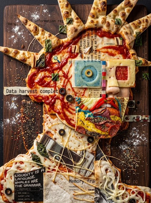 An artistic food art piece depicting the Statue of Liberty made entirely from pizza, tortillas, pasta, and various toppings on a wooden board.
