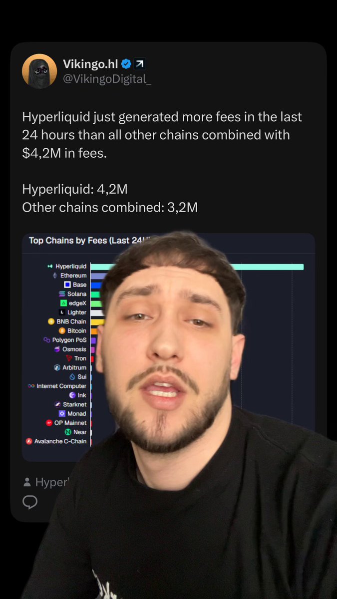 The image shows a man with a beard wearing a black shirt, sitting down and looking at his phone screen. The text displayed on the screen reads "Where we at now? Hype absorbs all of the liquidity from the market". This message is related to the post about the cryptocurrency market that was shared by the man in the image.