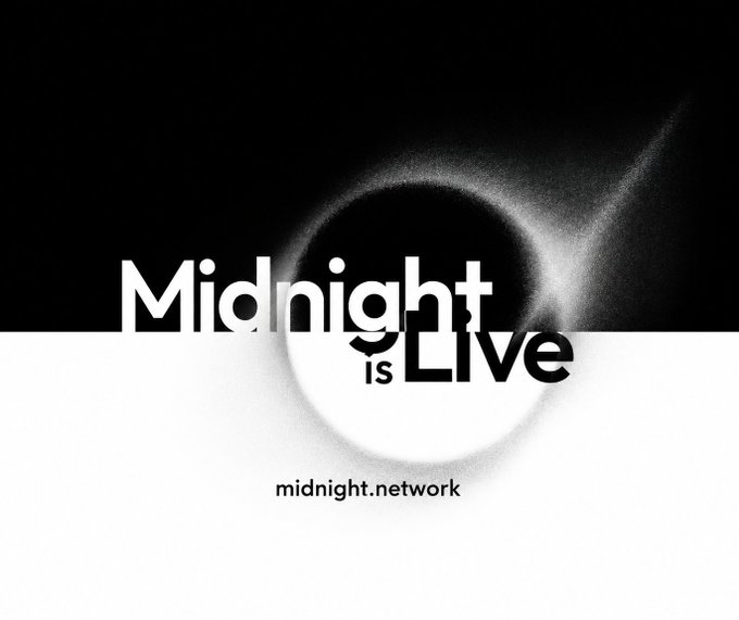 A promotional graphic reading "Midnight is Live" with a black and white background, a glowing circular eclipse-like shape, and the URL "midnight.network" at the bottom.