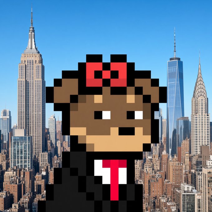 A pixel-art character with a red bow and a shirt displaying 'ST' stands in front of the New York City skyline, featuring the Empire State Building, One World Trade Center, and the Chrysler Building.