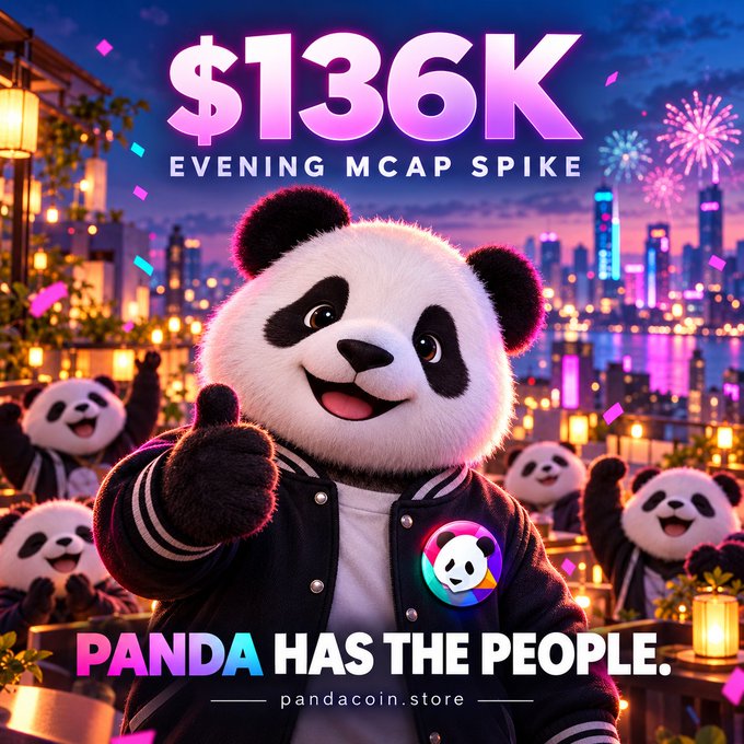 A promotional graphic featuring an animated panda mascot giving a thumbs up, celebrating a '$136K EVENING MCAP SPIKE' with the tagline 'PANDA HAS THE PEOPLE' for pandacoin.store.