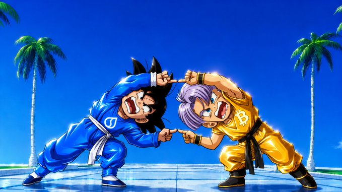 The image features two cartoon characters, one wearing a blue outfit and the other wearing a yellow outfit, engaged in an intense fight or duel. They are both holding weapons, with their arms raised high as they prepare for battle. The background of the image is filled with palm trees, adding to the tropical atmosphere. The caption at the bottom of the image reads "Big institutions already positioned on July Hashi global testnet coming in July.!"