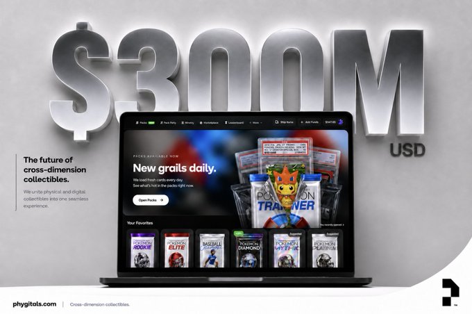 There's a picture of a laptop sitting against a white background, with a banner above and below it that has an amount written. The text in the image refers to $300 million worth of collectibles and toys. It appears as if these items are on sale or being offered for purchase at Solana. The context suggests that this could be a collector's edition item featuring new toys from various gaming franchises, such as Pokemon, with limited edition releases available. The website where the items are displayed can be found in the image itself, but it is not immediately visible.