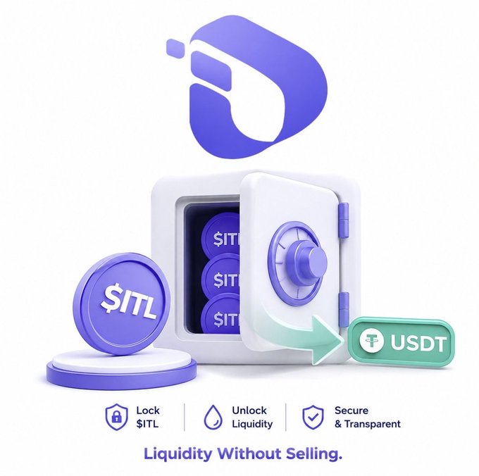 A promotional graphic for a crypto/DeFi service featuring $ITL tokens and USDT, with a safe icon and the tagline 'Liquidity Without Selling' highlighting features like 'Lock $ITL', 'Unlock Liquidity', and 'Secure & Transparent'.