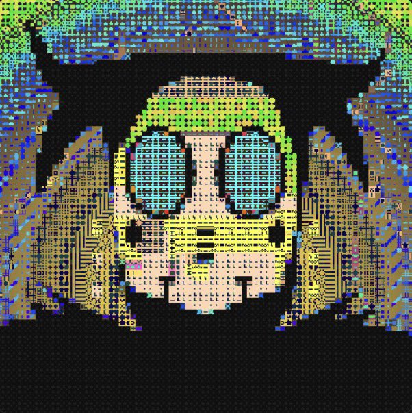 A pixelated digital illustration features a face with large cyan glasses, rendered in intricate blue, green, and tan circuitry patterns.