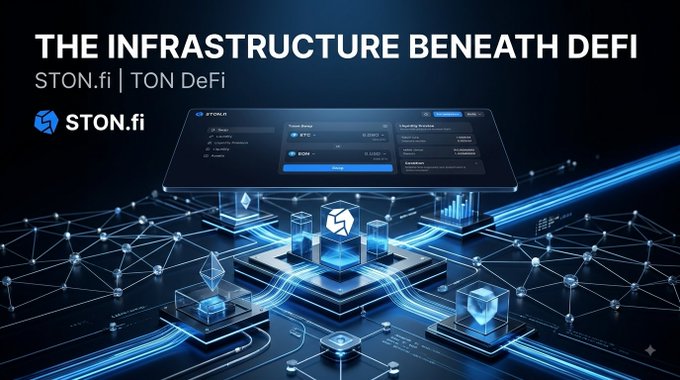 Digital marketing image titled 'THE INFRASTRUCTURE BENEATH DEFI' featuring STON.fi and TON DeFi, with a stylized 3D blockchain network graphic.