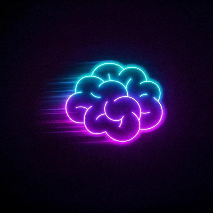 A neon glowing brain logo rendered in cyan and magenta against a dark background.