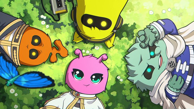 Four colorful cartoon creatures with large eyes gather on a bed of grass and clover from an overhead perspective, with one pink creature wearing a white cloak looking directly at the viewer.

The image's whimsical, character-filled composition fits the lighthearted "Aptos Afternoon" theme, suggesting a playful gathering scene reminiscent of afternoon adventures.
