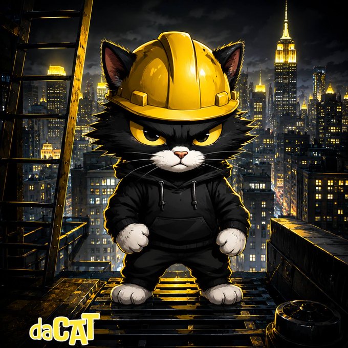 An illustrated cat wearing a yellow construction hard hat and black hoodie stands on a metal platform with a nighttime city skyline in the background, with 'daCAT' text in the bottom left.