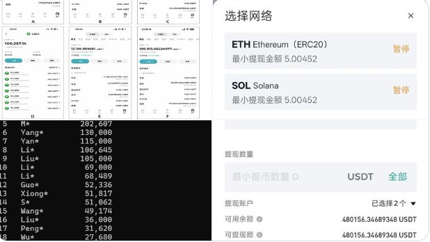 A cryptocurrency exchange interface showing a network selection menu (ETH Ethereum ERC20 and SOL Solana, both paused) and withdrawal options with a list of user balances in USDT.