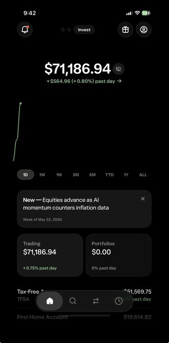 A mobile investing app displays a portfolio value of $71,186.94 with a gain of $564.96 (+0.80%) for the past day, showing time range filters and account sections including 'Tax-Free TFSA'.