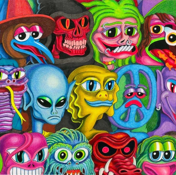 A vibrant, psychedelic illustration featuring a crowded collage of grotesque and cartoonish monster characters—including aliens, skulls, cyclopses, and goblins—rendered in bold, saturated colors, visually echoing the surreal and bizarre art style of Matt Furie's "That's Different" exhibition. The chaotic, creature-filled composition reflects the meme-inspired, chaotic energy behind the $DIFF token burn announcement.