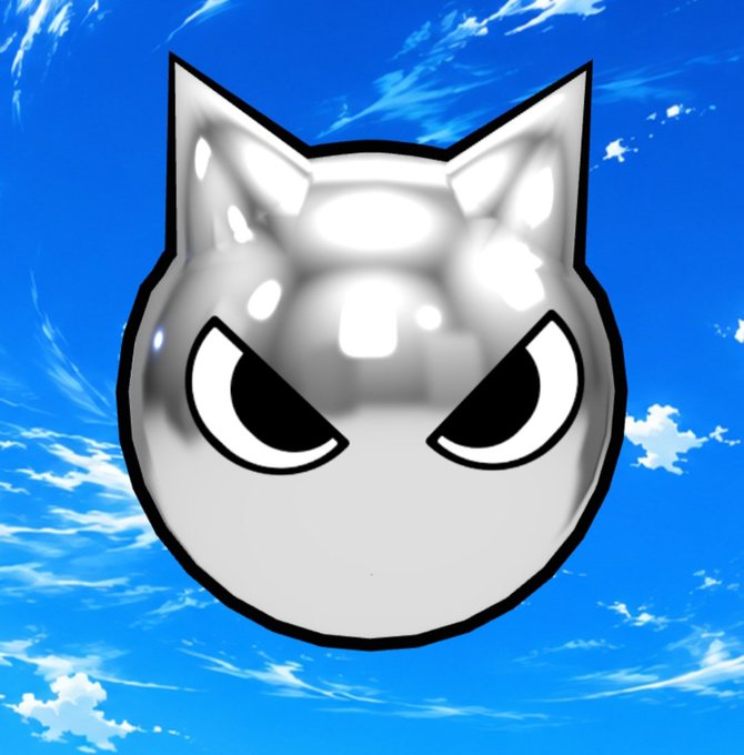 A stylized white cartoon cat face with an angry expression and a glossy metallic texture, set against a bright blue sky with wispy clouds.