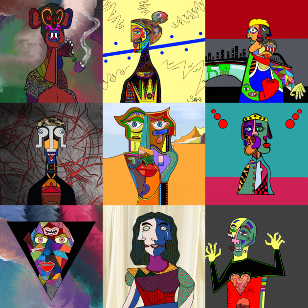 A 3x3 grid of colorful, abstract, and stylized portrait artworks featuring various distorted faces and figures in a cubist or neo-expressionist style.