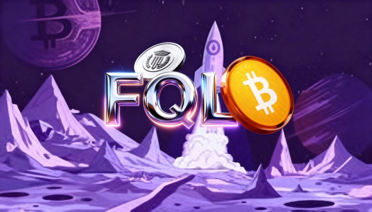 A vibrant space-themed illustration features the metallic "FQL" logo at its center, accompanied by a golden Bitcoin coin and a silver coin with an emblem, all set against a purple cosmic backdrop with planets, a launching rocket, and crystalline mountains. The image visually represents the "FQL Exchange" mentioned in the post, blending cryptocurrency imagery with themes of growth and expansion in the Solana ecosystem.