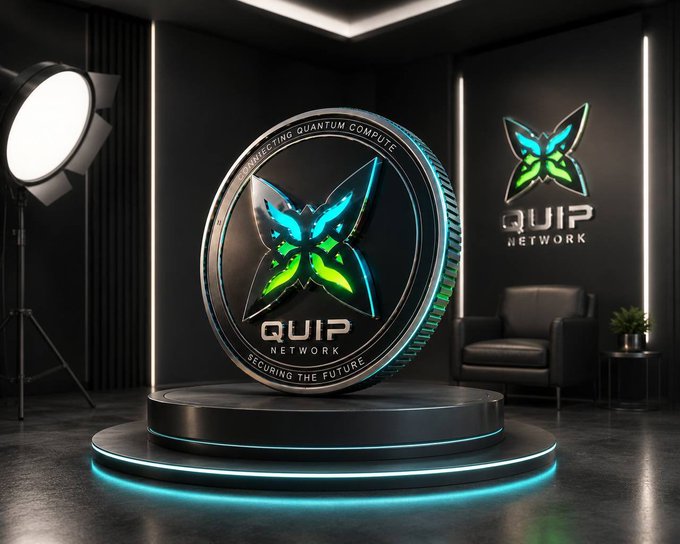 The image features a large coin sitting on top of a platform, surrounded by various objects such as chairs and potted plants. The coin has a butterfly design on it, which adds an artistic touch to its appearance. In front of the coin, there is a chair positioned against a wall with a poster featuring the word "quip" displayed above it. This suggests that the scene might be set in a room or studio where people gather for events related to cryptocurrency and digital assets.

The image also includes text elements such as the words "Quick", "quip", "network", and "the future". These words could potentially be part of a promotional campaign, an advertisement, or a statement about the nature of the coin and its purpose in the world of cryptocurrency.