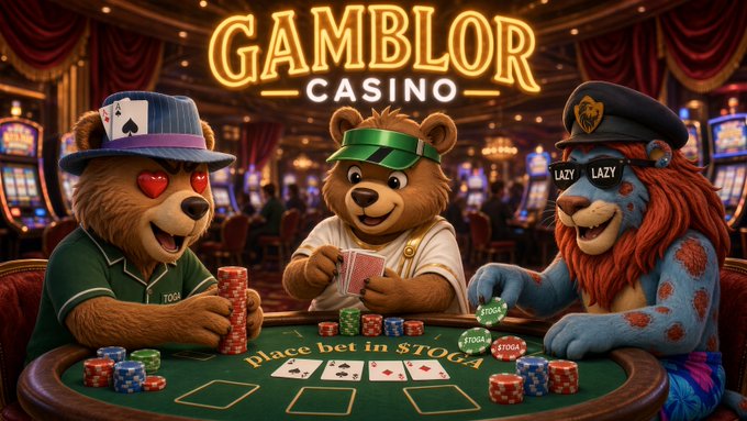 A digital illustration for 'GAMBLOR CASINO' shows three anthropomorphic animals—a bear in a fedora with heart eyes, a bear in a green visor, and a lion wearing sunglasses marked 'LAZY'—playing poker with 'place bet in $TOGA' text on the green felt table.