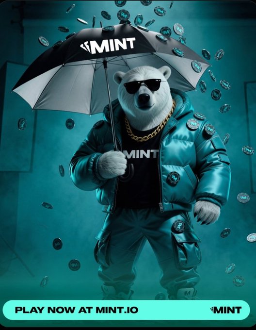 A stylized illustration of a polar bear wearing sunglasses and a teal puffer jacket holding a black and white umbrella branded 'MINT', standing in falling coin tokens with the text 'PLAY NOW AT MINT.IO' at the bottom.