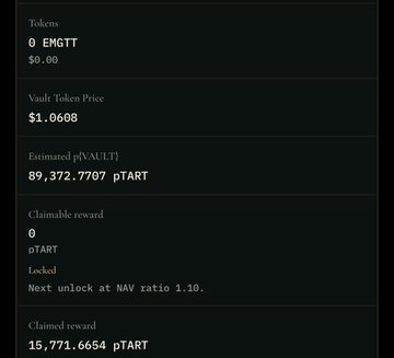 The image shows transaction details for a vault token event, displaying 0 EMGTT tokens, a vault token price of $1.0668, an estimated p{VAULT} value of 89,372.7707 pTART, and a claimed reward of 15,771.6654 pTART. This corresponds to the post describing the user's successful yield from Prosper's Vault airdrop event, where they earned 15,771 p{VAULT} tokens worth approximately $63 USD.