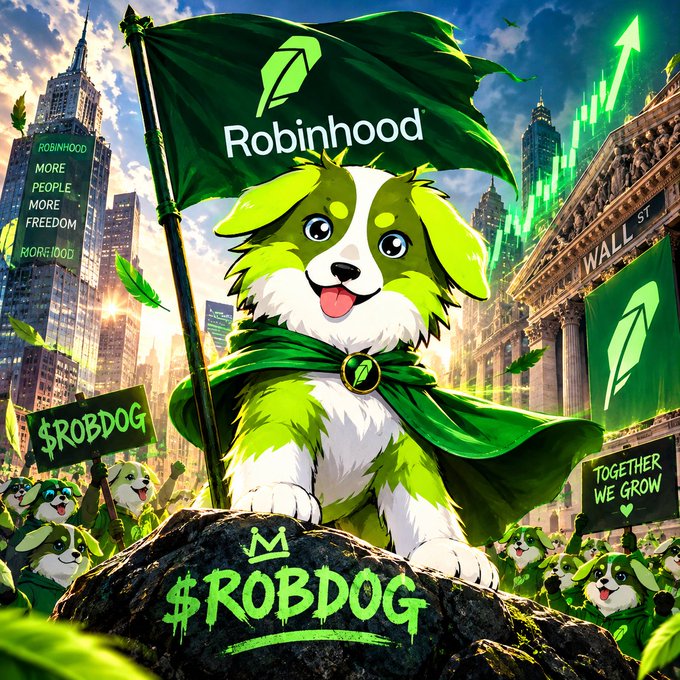 A vibrant illustration of a green and white dog mascot wearing a cape, holding a "Robinhood" flag, with "$ROBDOG" and "TOGETHER WE GROW" signs against a Wall Street backdrop.