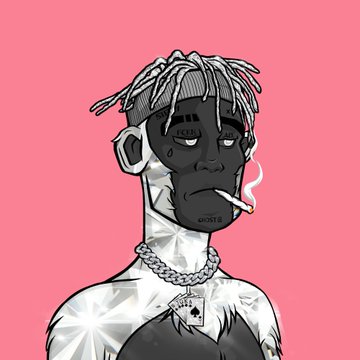 A stylized digital illustration of a man with dreadlocks, a dark complexion, and face tattoos against a bright pink background, smoking a cigarette and wearing a diamond-encrusted chain with a pendant. Visible text on the forehead reads "SLAUGHT" and "GANG".