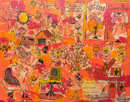 A colorful, whimsical collage-style artwork featuring suns, trees, figures, and vintage shop signs including 'SHOES', 'HAT SHOP', and 'Dress Shop', with text reading 'No, I'm not a lady.', 'Yes Lucile.', and 'I am a horse!'.