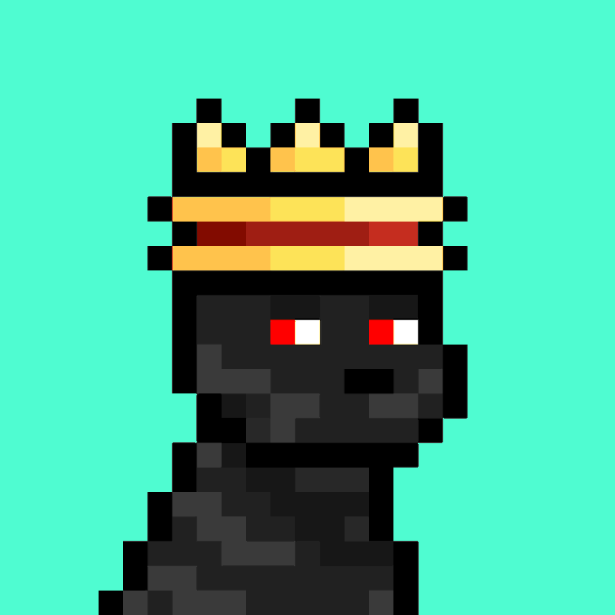 A pixel art portrait of a dark-colored dog figure wearing a golden crown with red-tinted eyes, set against a teal background. This matches the Doginal Dogs #6457 from the @doginaldogs NFT collection being advertised for OTC sale.