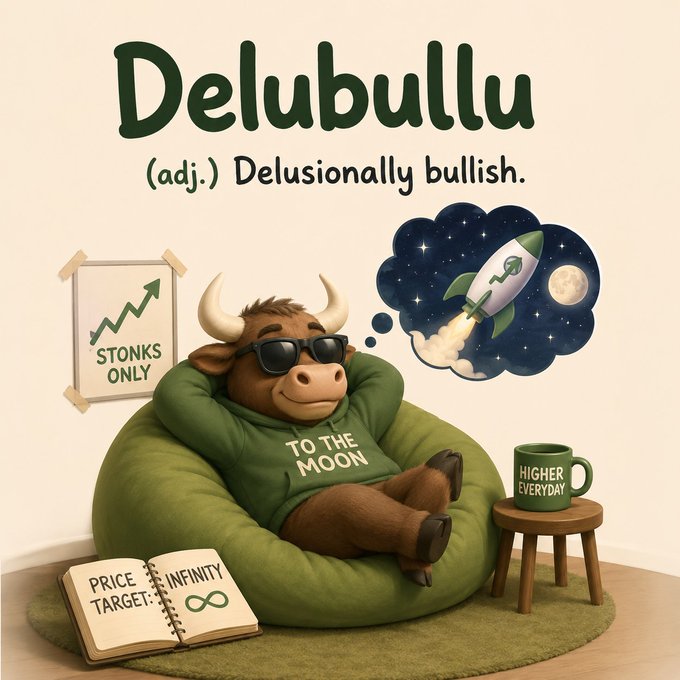 A cartoon image presents "Delubullu" defined as "Delusionally bullish," featuring a sunglasses-wearing bull lounging in a bean bag chair wearing a "TO THE MOON" shirt, surrounded by meme items like a "STONKS ONLY" chart, a rocket ship thought bubble, a notebook reading "PRICE TARGET: INFINITY ∞," and a "HIGHER EVERYDAY" mug.

The image directly promotes the $delubulu token launch on BagsApp, with its "to the moon" and "price target infinity" imagery playfully illustrating the creator's "delusionally bullish" experiment shared in the post.