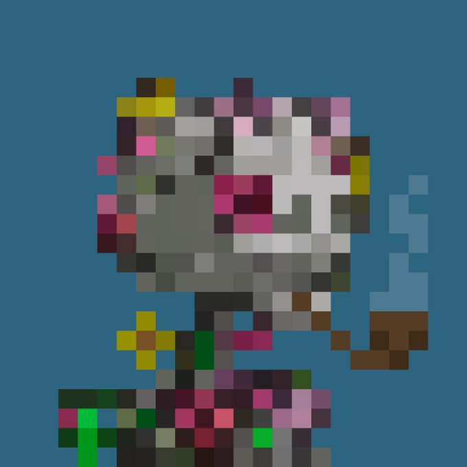 A pixelated skull character with pink and gray details holds what appears to be a hook against a blue background.